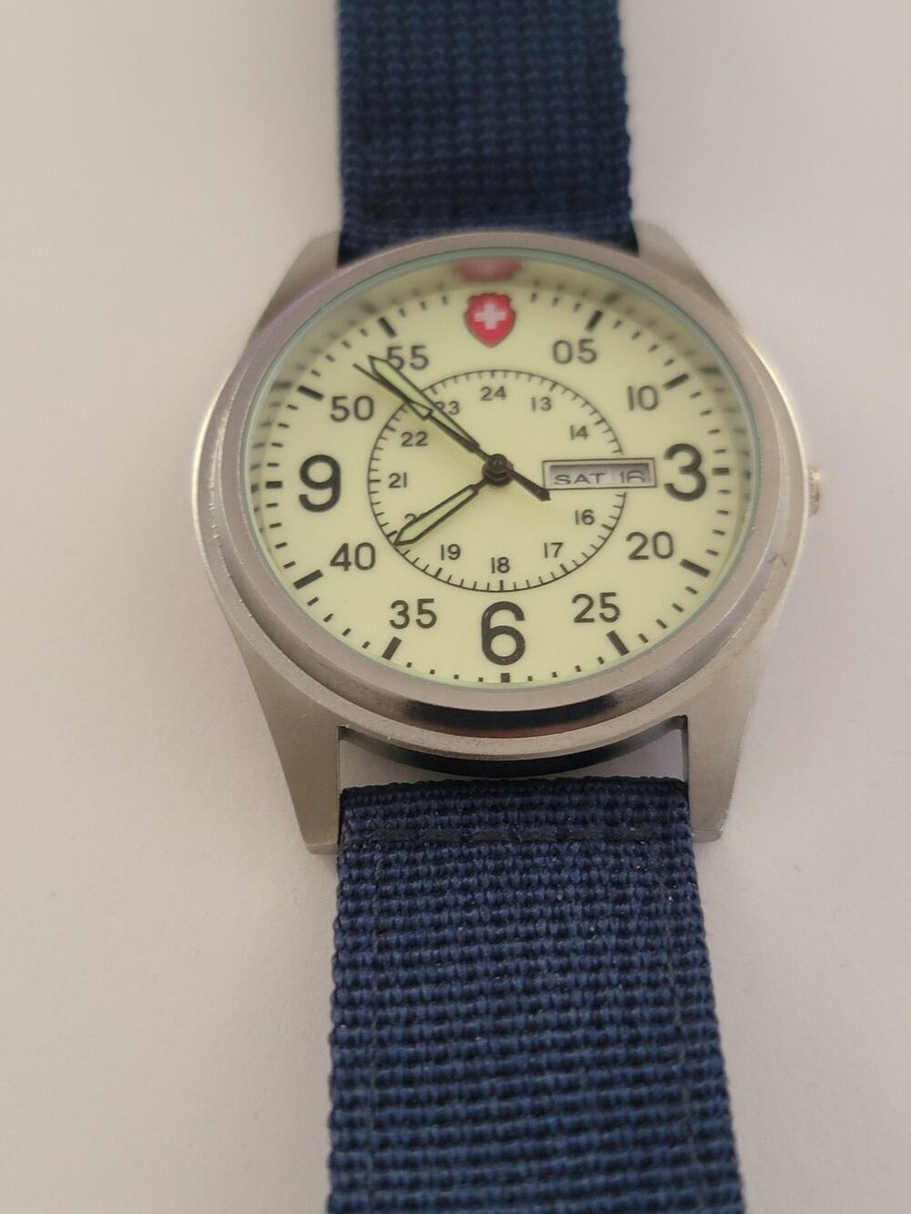 Mens Military Watch Cream Luminous Dial Silver Case Blue Nylon Strap Day Date